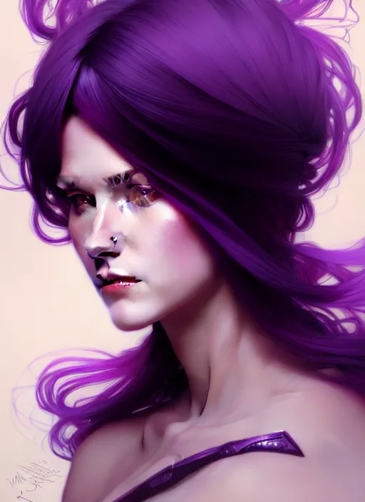 Image similar to Purple hair Portrait of woman, intricate, elegant, highly detailed, digital painting, artstation, concept art, smooth, sharp focus, illustration, art by artgerm and greg rutkowski and alphonse mucha