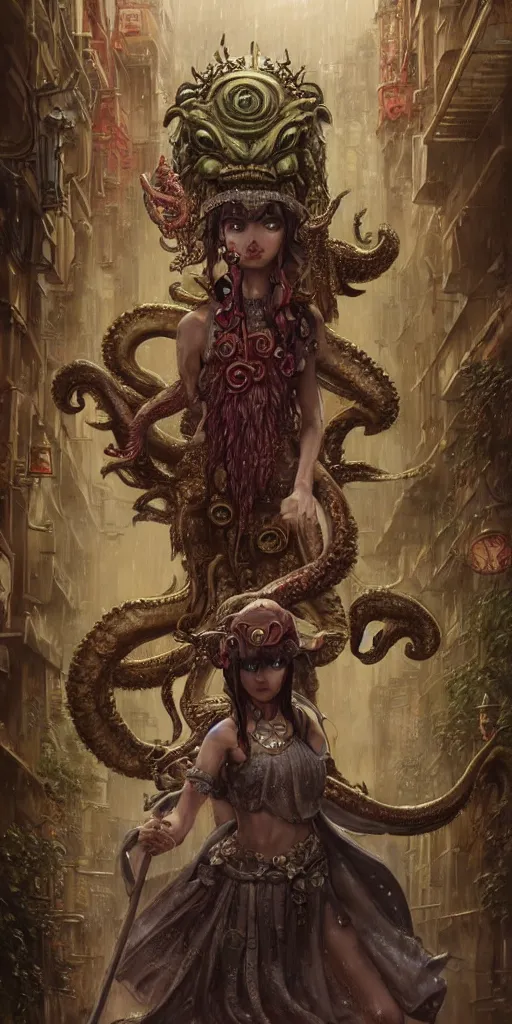 Image similar to hyper realistic Princess Mononoke attacking Cthulhu with a golden sword, ornate mask, wet market street, rainy atmosphere, cyberpunk metropolis, city landscape, jewels, full body pose, style of tom bagshaw, mucha, james gurney, norman rockwell, denoised, sharp