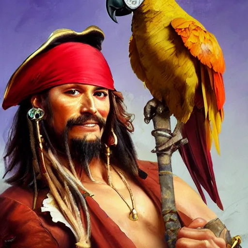 Prompt: Portrait painting of a pirate captain sparrow with gold earings and a parrot on his shoulder by craig mullins and greg rutkowski