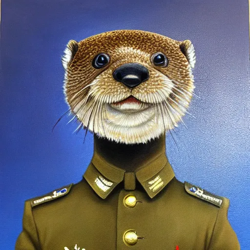 Image similar to oil painting of an anthropomorphic otter in military uniform, amazing detail, hyper realism,