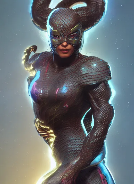 Image similar to superhero with double - headed snake head, hyper detailed, digital art, trending in artstation, cinematic lighting, studio quality, smooth render, unreal engine 5 rendered, octane rendered, art style by klimt and nixeu and ian sprigger and wlop and krenz cushart.
