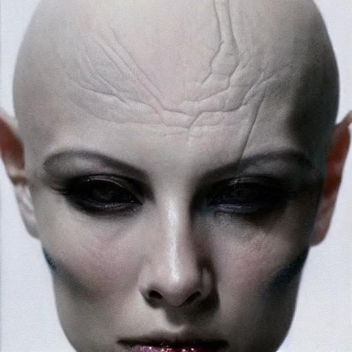 Image similar to portrait of eerily beautiful hairless avant-garde androgynous cyborg with shaved head and H.R. Giger clear tubes entering the side of her head and cheek, by Yoshitaka Amano