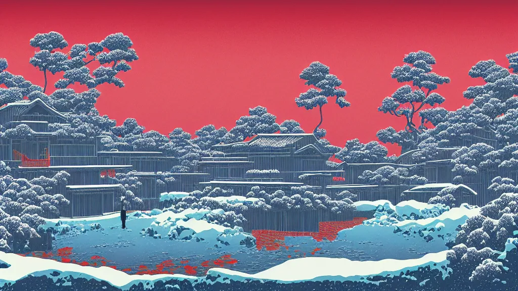 Image similar to A winter in hell, flat design, screen print by Kawase Hasui and dan hillier, 8k unreal engine