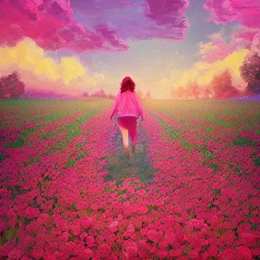 Image similar to giant rose as a head, girl walking in a flower field, surreal photography, sunrise dramatic light, impressionist painting, colorful clouds, digital painting, artstation, simon stalenhag