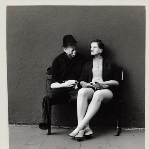 Prompt: a couple sitting on a park bench, by Arnold Newman