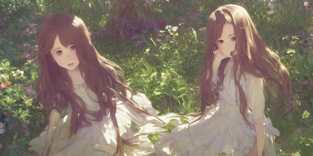 Image similar to a digital art of a loli with long hair in a dress in the privet garden at after noon, by krenz cushart and mucha and greg rutkowski and makoto shinkai, detailed eyes, 4 k resolution 、 trending on art station