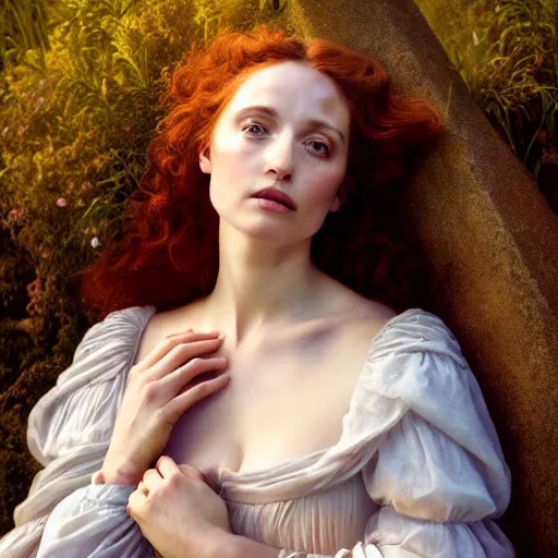 Image similar to photographic portrait of a stunningly beautiful renaissance pre raphaelite lady guinevere female in soft dreamy light at sunset, contemporary fashion shoot, by edward robert hughes, annie leibovitz and steve mccurry, david lazar, jimmy nelsson, breathtaking, 8 k resolution, extremely detailed, beautiful, establishing shot, artistic, hyperrealistic, beautiful face, octane render