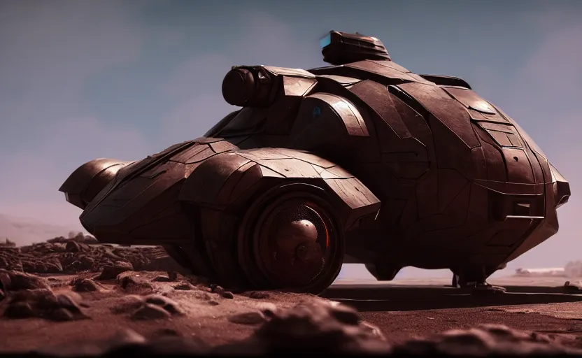 Image similar to an armored futuristic sci fi vehicle, unreal engine, cinematic lighting, texture rust