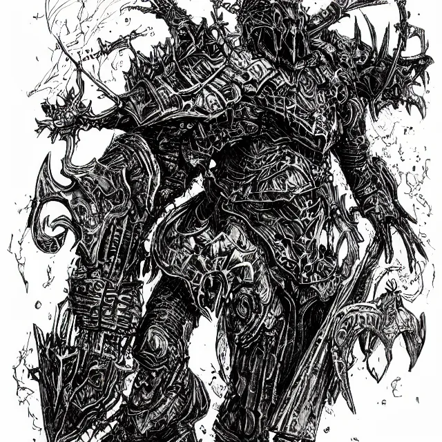 Prompt: black micron pen illustration, The Chaos Knight by Ian Miller, white background, artstation, inktober