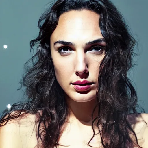 Prompt: photo of Gal Gadot, close up, with a cyberpunk camera over right eye with led lights, robotic implants over face with small led lights, white background, fine art photography in the style of Bill Henson