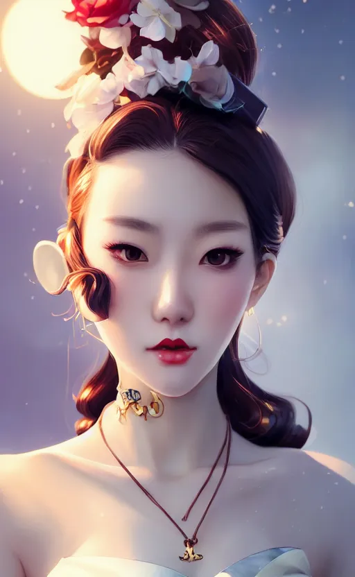 Image similar to a pin up and beautiful fashion charming dreamlke korea girl with lv jewelry, character art, art by artgerm lau and kyoung hwan kim and and ilya kuvshinov and john singer sargent, hyperdetailed, 8 k realistic, symmetrical, frostbite 3 engine, cryengine, dof, trending on artstation, digital art