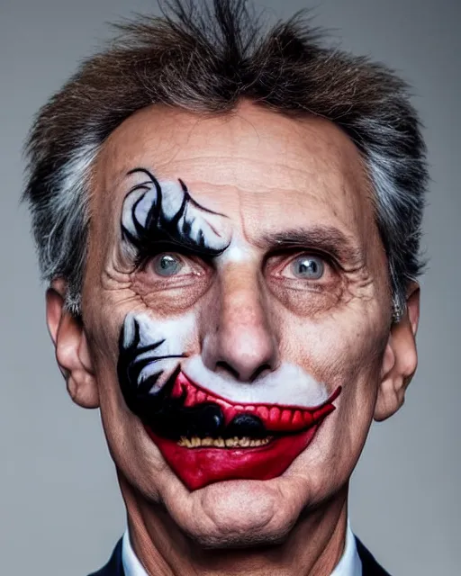 Prompt: Mauricio Macri in Elaborate Cat Makeup and prosthetics designed by Rick Baker, Hyperreal, Head Shots Photographed in the Style of Annie Leibovitz, Studio Lighting, Mauricio Macri as the Joker