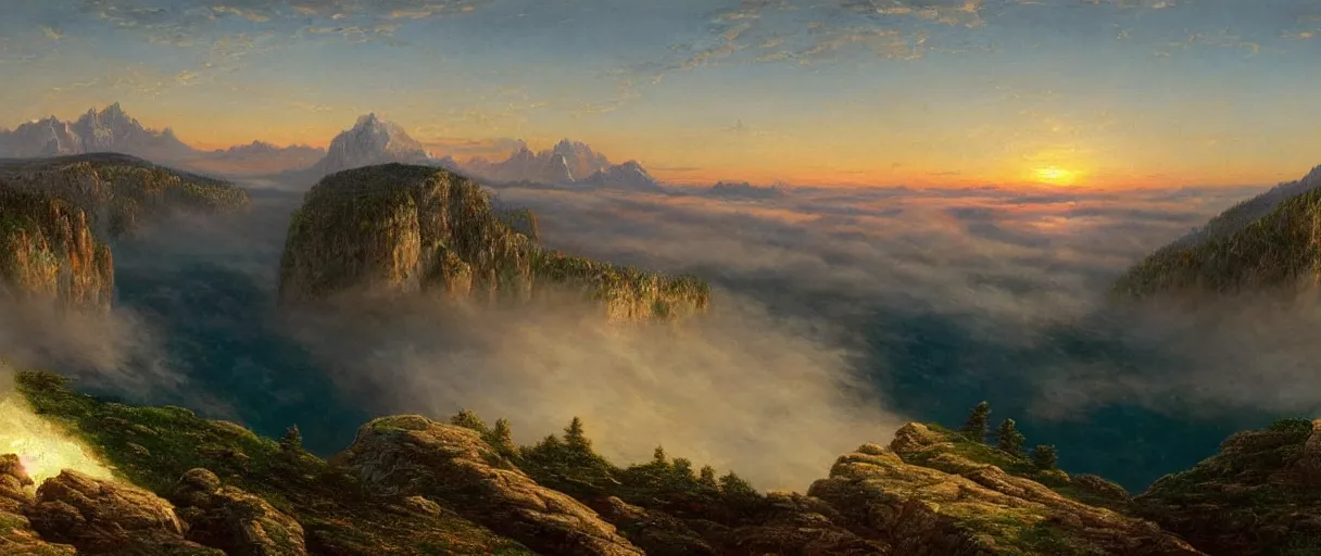 Prompt: a photorealistic breathtaking aerial view of the eastern alps mountain range at sunset, cliffs, fog, hyperrealism, highly detailed, intricate, cinematic, front facing camera, cinematic, epic lighting, 8 k by frederic church, albert bierstadt