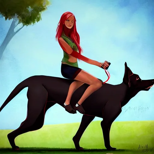 Image similar to girl riding a giant doberman in the park, trending on artstation