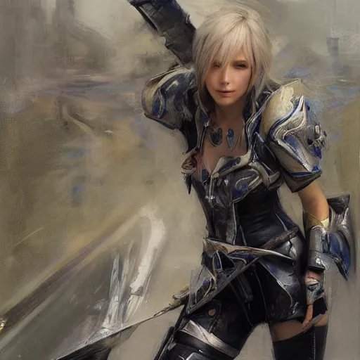 Prompt: Richard Schmid and Jeremy Lipking and antonio rotta, full length painting of Lightning from Final FantasyXIII