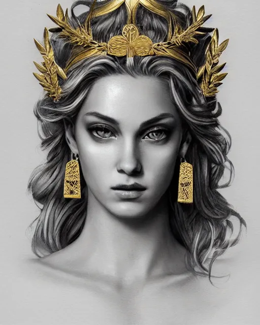 Image similar to front view of beautiful aphrodite greek goddess wearing a gold laurel wreath and triangle earrings, realism tattoo sketch, beautiful piercing eyes with sharp pupils, beautiful blonde hair, in the style of greg rutkowski, fantasy, amazing detail, epic, elegant, smooth, sharp focus