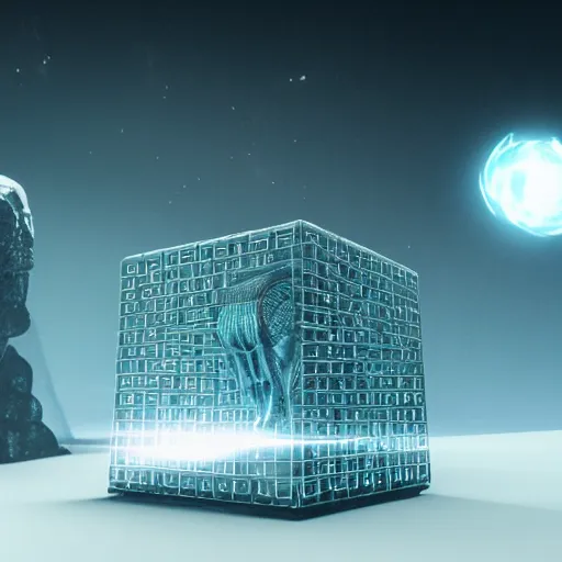 Image similar to product advertisement for a mystical ethereal cube, alien, futuristic, scifi, octane render, award winning