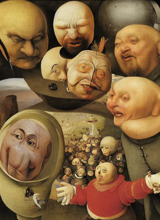 Image similar to full body detailed painting of silly round humpty dumpty with jack black facial expression, realistic, by hieronymus bosch and pieter brueghel