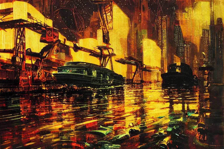 Image similar to river boats speeding between tree houses on flooded streets of new york painting, red and green palette, night lights, starry sky, by ( h. r. giger ) and paul lehr