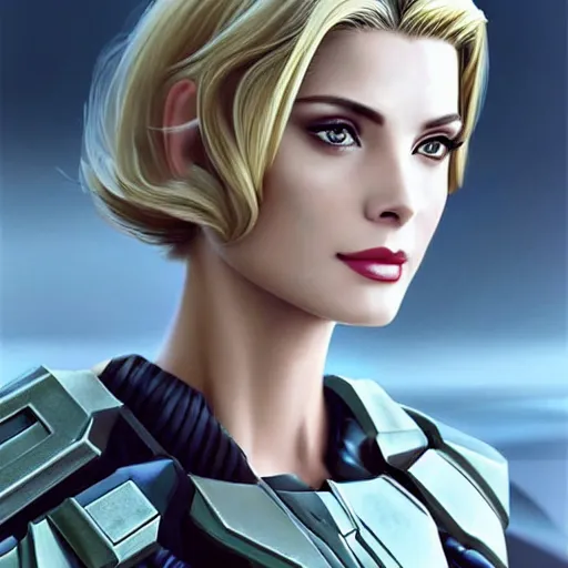 Image similar to A combination of Ashley Greene's and Ada Wong's and Grace Kelly's appearances with blonde hair wearing Forerunner armor from Halo, high tech, action shot, angular, full body portrait, futuristic, dramatic, fantasy, intricate, elegant, highly detailed, artstation, matte, sharp focus, 8K, art by Artgerm and Greg Rutkowski and Alphonse Mucha