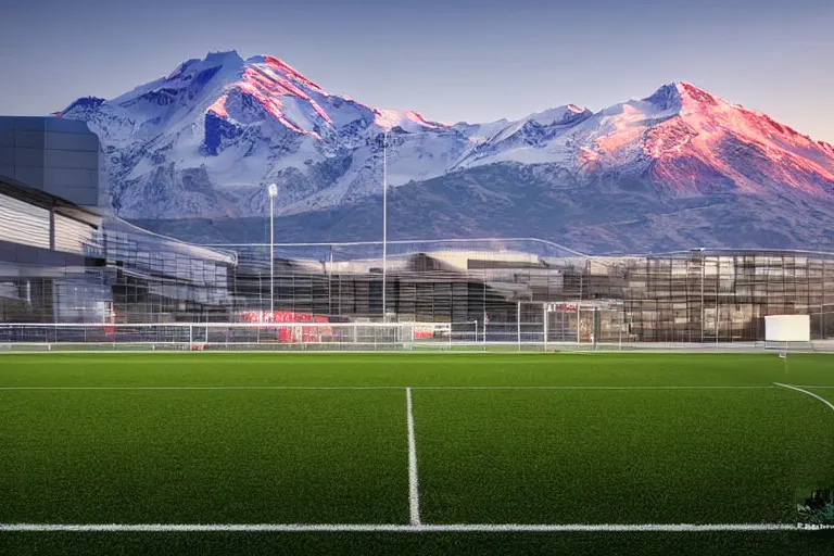 Image similar to architecture photo modern fachwerk footbal field with Elbrus mountain on the background, architecture, photorealism 8k , shining and happy atmosphere, uplight, high details