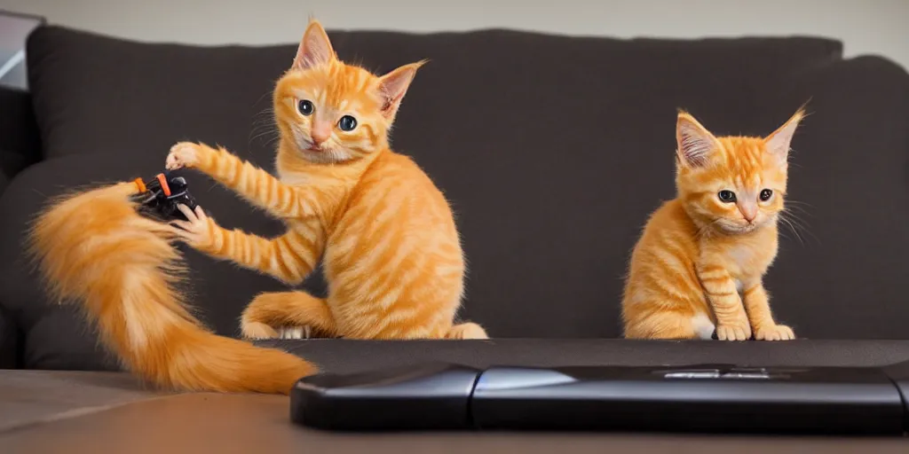 Image similar to an orange tabby kitten playing video games by richard scary