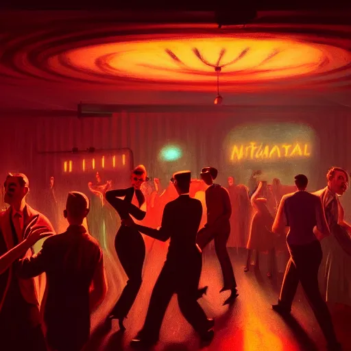 Prompt: 1 9 5 0 s night club with people dancing by otto dix and greg rutkowski and andreas rocha, cinematic lighting, warm colours, ultra realistic, unreal engine, trending on artstation, 4 k