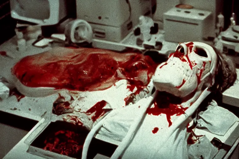 Image similar to filmic wide shot dutch angle movie still 35mm film color photograph of a doctor with his face completely torn off, eyeballs hanging out of his skull, drenched in blood lying on his back on a science lab floor in the style of a 1982 horror film