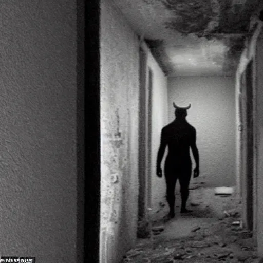 Prompt: hi - 8 night vision camera found - footage of a barely visible, bipedal minotaur, shrouded in darkness at the end of an extremely dark, unlit hallway in a basement of an abandoned house