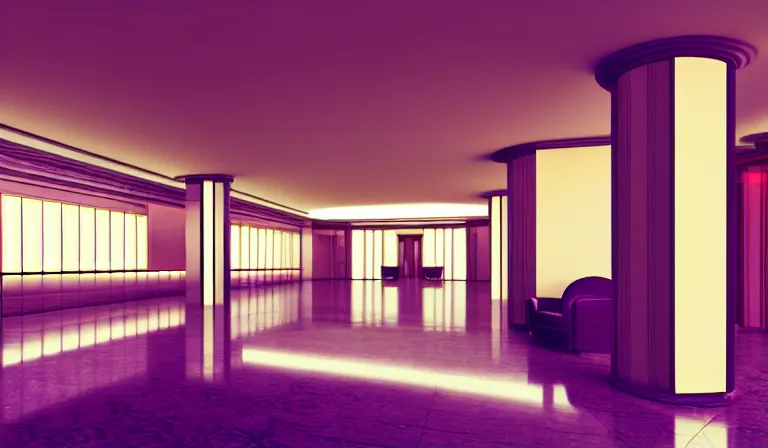 Image similar to a beautiful, sharp focus, clean lines. the interior of a vast 1 9 4 0 s art deco luxury hotel lobby. vaporwave ombre rendering. outrun style. trending on artstation. recommended for you behance. wes anderson colors. by chris moore. by edward hopper. ambient occlusion. digital matte painting. metropolis filmic. gotham city.