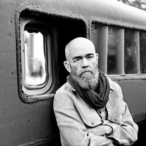 Image similar to photograph of michael stipe driving a train