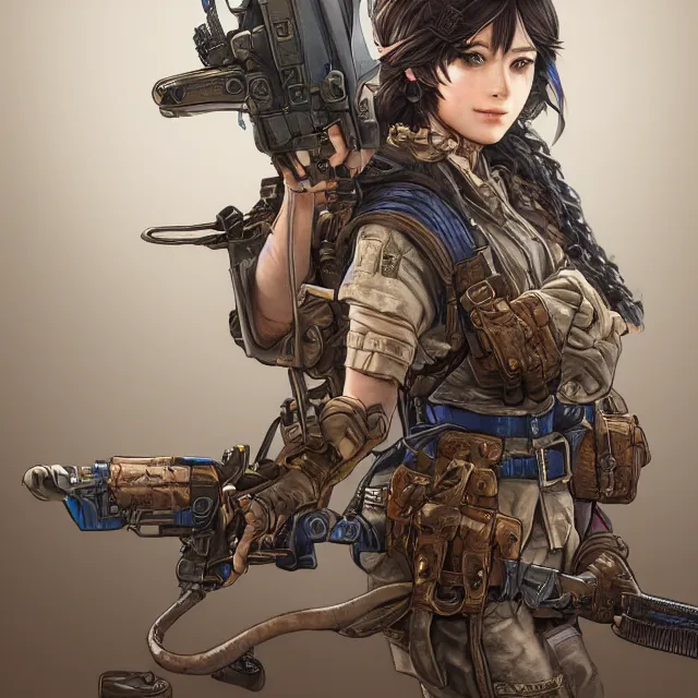 Image similar to the portrait of lawful neutral semi - colorful female infantry gunner as absurdly beautiful, gorgeous, elegant, young gravure idol, an ultrafine hyperdetailed illustration by kim jung gi, irakli nadar, intricate linework, bright colors, octopath traveler, final fantasy, unreal engine 5 highly rendered, global illumination, radiant light, detailed and intricate environment