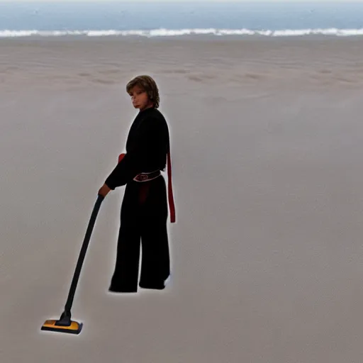 Prompt: anakin skywalker vacumming the beach to remove sand, hd high quality, cinema 4 k, award winning details