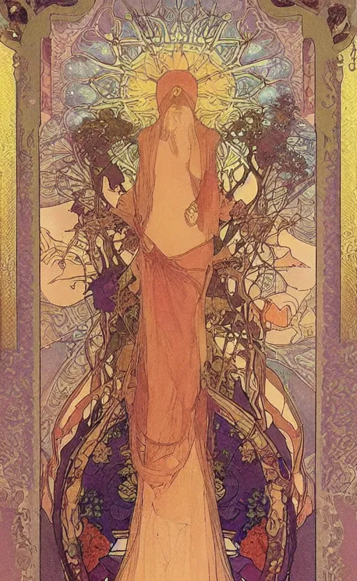 Image similar to the empress, tarot, beautiful border, by alfons maria mucha, highly detailded