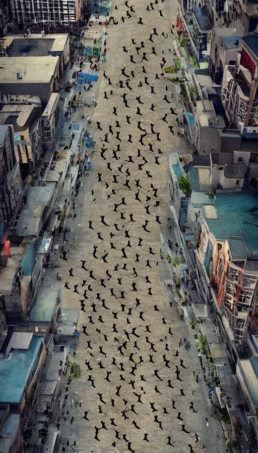 Image similar to hundreds people running away from the catzilla. trending on artstation. realistic cinematography, photorealistic, photography, wide shot from the drone, aerial photo