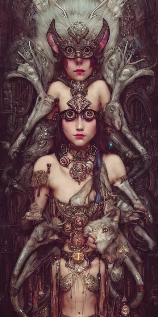 Prompt: hyper realistic Princess Mononoke, ornate mask, wet market street, cyberpunk metropolis, city landscape, jewels, full body pose, wolves, style of tom bagshaw, mucha, james gurney, norman rockwell, denoised, sharp