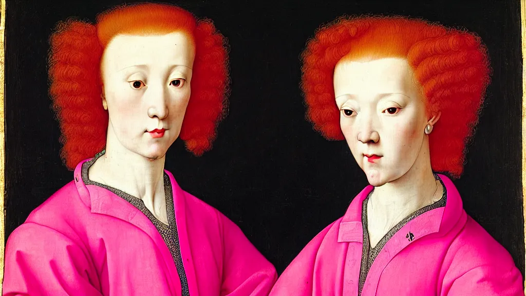 Prompt: close - up portrait of a woman with red hair and big hair curlers, wearing a neon pink baggy pajamas, standing in a botanical garden, intricate details, highly detailed, in the style of rogier van der weyden and jacopo da pontormo, punk, masterpiece, asian art