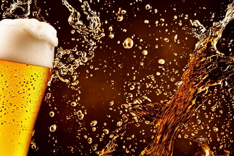 Image similar to a high detail photo of a bottle of beer, splashes of liquid, energetic, delicate by marcel christ