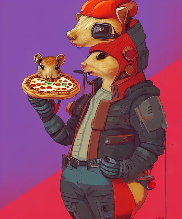 Prompt: a portrait of an anthropomorphic cyberpunk chipmunk holding a pizza, cyberpunk!, fantasy, elegant, digital painting, artstation, concept art, matte, sharp focus, illustration, art by josan gonzalez