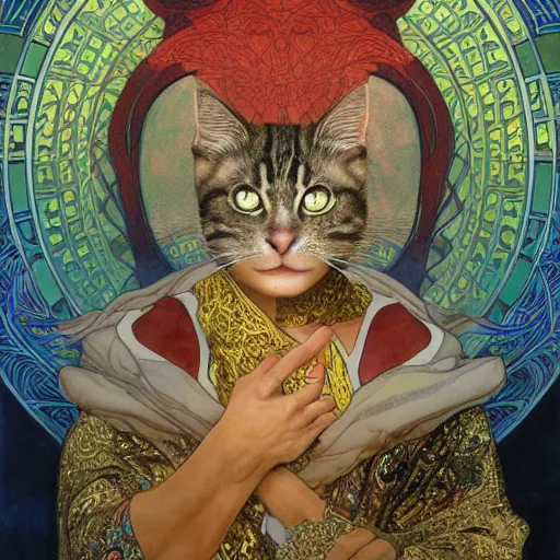 Prompt: cat superhero with kabuki mask, gorgeous, beautiful, intricate, highly detailed, digital painting, artstation, oppressive lighting, concept art, sharp focus, illustration, art by donato giancola and alphonse mucha, background by James Jean and gustav klimt, 4k, volumetric lighting, french nouveau