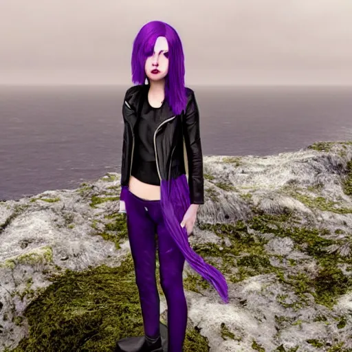 Prompt: 1 7 - year - old pale - skinned persian girl with black long bob cut, black gothic jacket, purple eyes, psychic girl, standing on cliff along the irish coast, overcast gray skies, ultra - realistic, sharp details, subsurface scattering, intricate details, cold lighting, highly detailed, photorealistic, octane render, 8 k unreal engine, art by artgerm