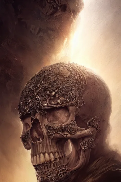 Image similar to skull god, close - up portrait, powerfull, intricate, elegant, volumetric lighting, scenery, digital painting, highly detailed, artstation, sharp focus, illustration, concept art, ruan jia, steve mccurry