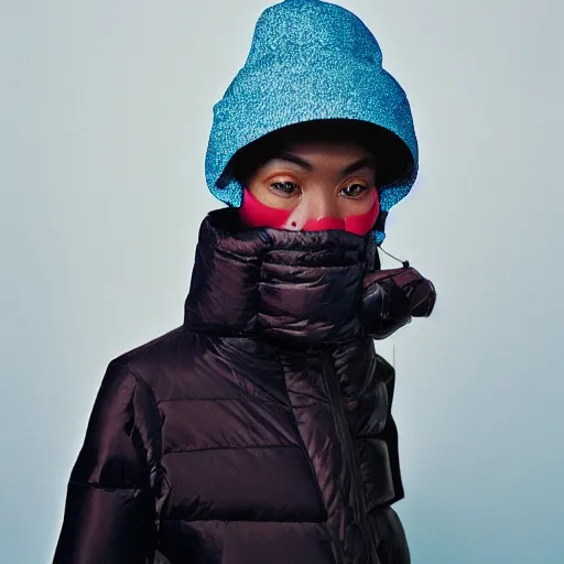 Image similar to realistic photoshooting for a new issey miyake lookbook, color film photography, portrait of a beautiful woman, model is wearing a puffer mask, in style of tyler mitchell, 3 5 mm,