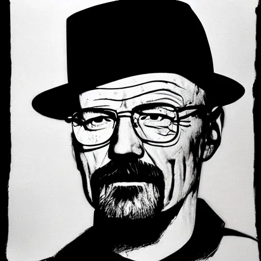 Image similar to !dream a portrait of Walter White, made by Andy Warhol, two tone, very high contrast, only black and white, simplistic, extremely high contrast, two tone, notan art, by Andy Warhol, minimalistic,