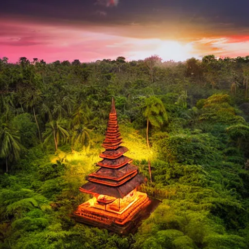 Prompt: aerial hd photograph at sunset of indonesian tribe in jungle with glowing temple