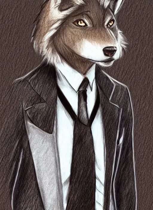 Image similar to master furry artist colored pencil drawing full body portrait character study of the anthro male anthropomorphic wolf fursona animal person detective wearing suit and tie
