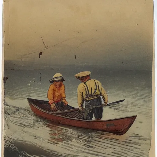 Prompt: A rowboat in violent sea with two men. The rower is dressed like an old-fashioned Chinese farmer, complete with rice-picker hat and long queue. His garments are torn and stained, covered in burns. The other is pale and cropped beneath a blunt, peaked cap. He wears a brass-buttoned coat in much better repair than his companion’s with two swords, a broadsword and a saber, sheathed at his sides.