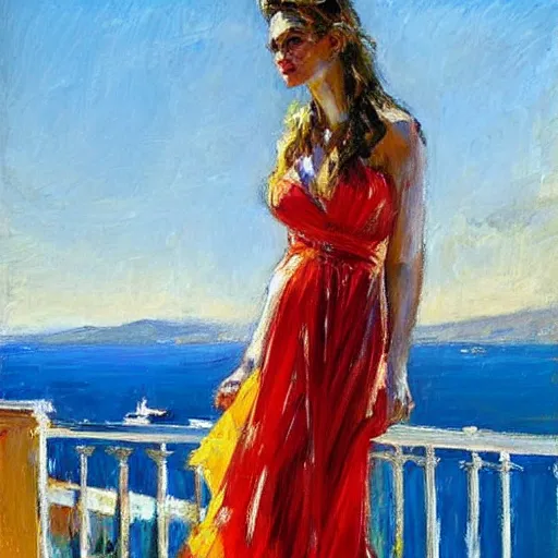 Prompt: the maiden standing on the balcony overlooking the aegean sea by andrew atroshenko