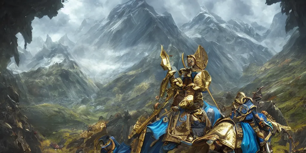 Image similar to wide angle, blue knight with gold sword on top of a green hatchback car, glacier landscape, norway, D&D, fantasy, intricate, elegant, highly detailed, digital painting, artstation, octane render, concept art, matte, sharp focus, illustration, hearthstone, art by Artgerm and Greg Rutkowski and Alphonse Mucha