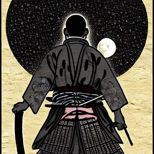 Image similar to A PORTRAIT FROM BEHIND OF A SAMURAI MAN VAGABOND WITH A MOON BEHIND HIM ,THE SAMURAI IS WRAPPED IN CHAINS ,detailed, concept art, ink style , sketch